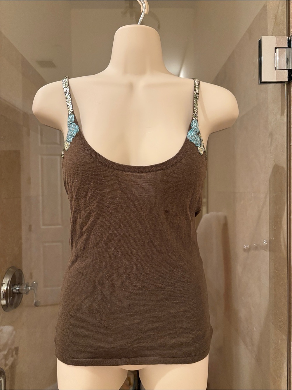 Free People Brown sweater Tank Camisole with Beaded Turquoise Floral Accents